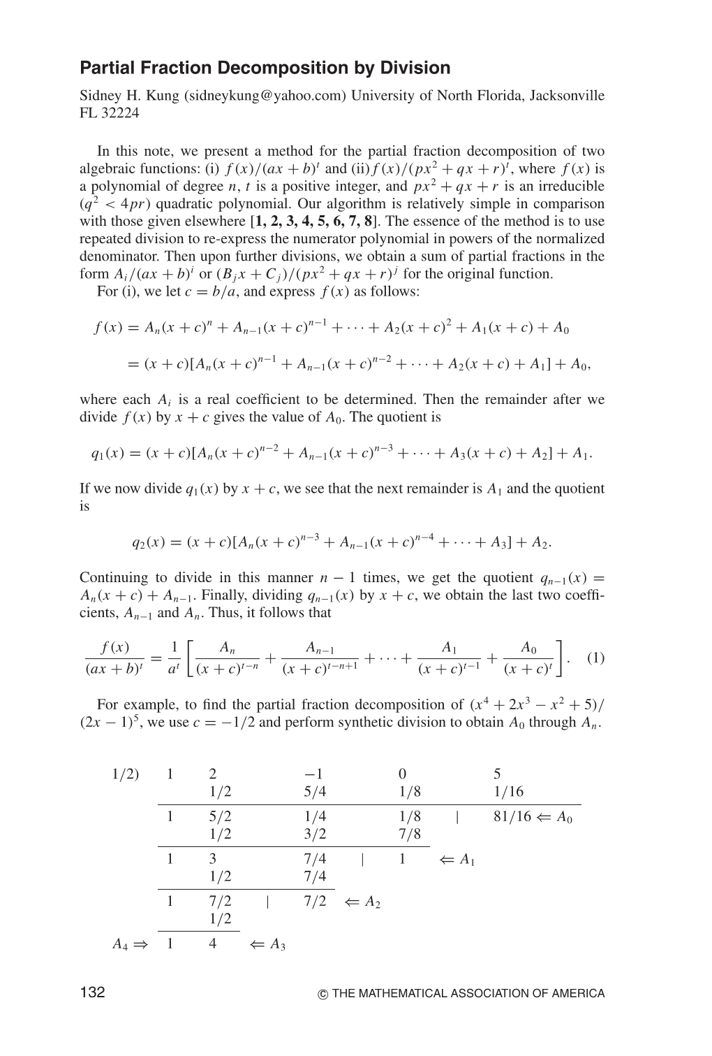 Partial Fraction Decomposition by Division Sidney H