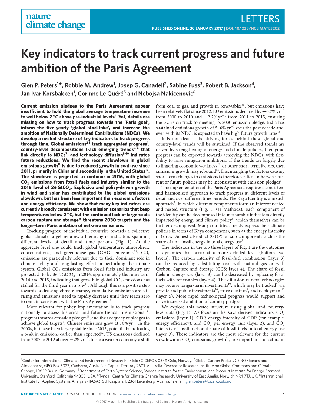 Key Indicators to Track Current Progress and Future Ambition of the Paris Agreement