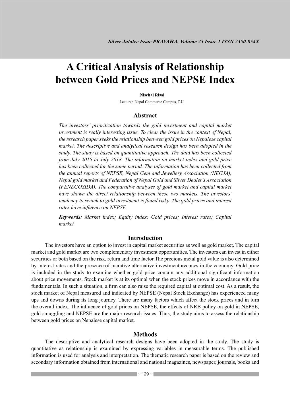 A Critical Analysis of Relationship Between Gold Prices and NEPSE Index