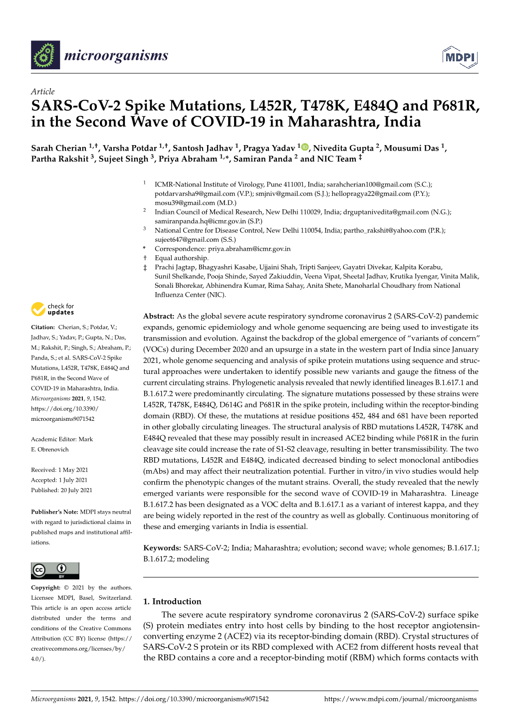 SARS-Cov-2 Spike Mutations, L452R, T478K, E484Q and P681R, in the Second Wave of COVID-19 in Maharashtra, India