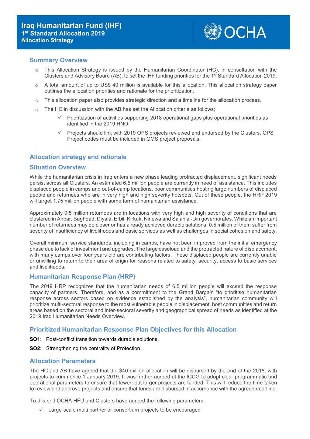 Iraq Humanitarian Fund (IHF): 1St Standard Allocation 2019