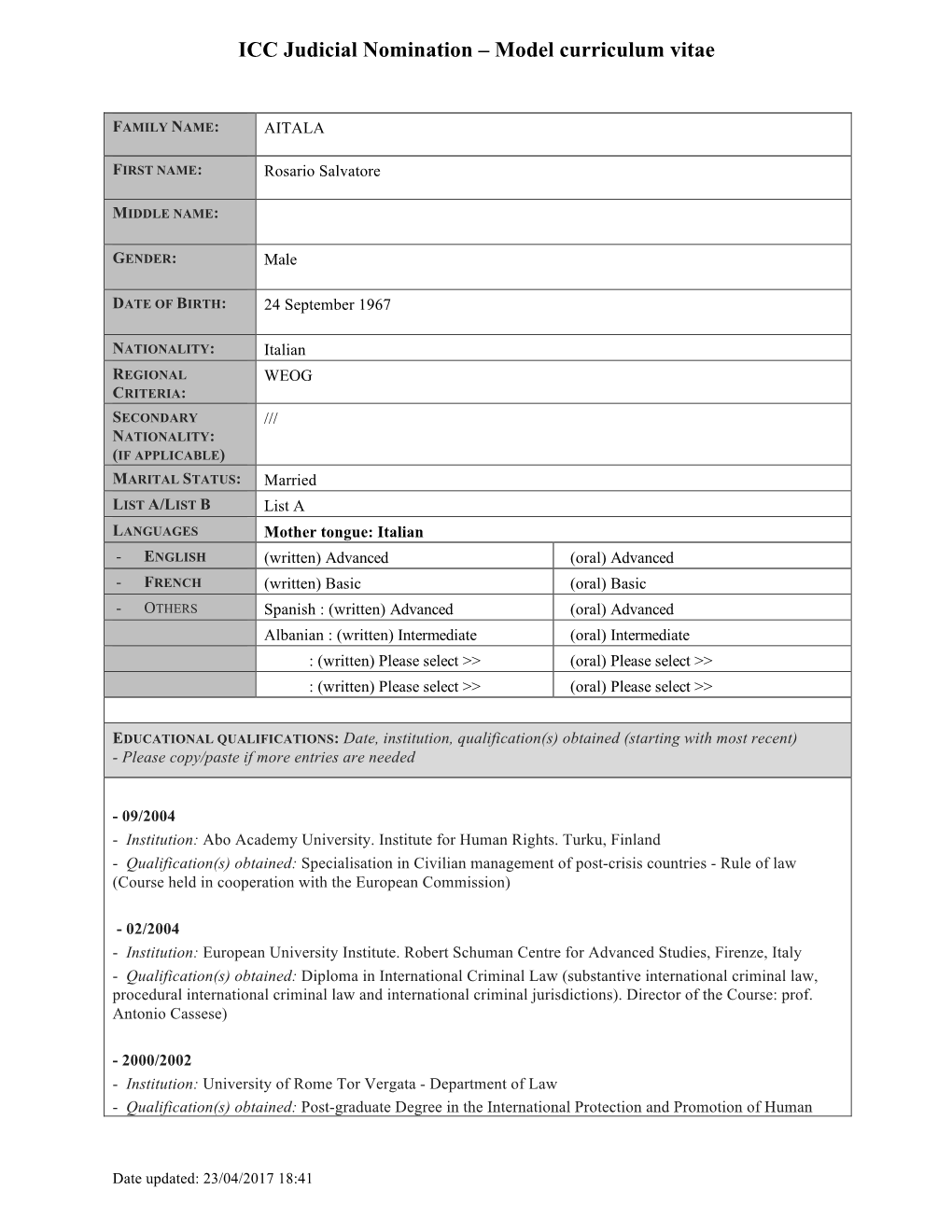 ICC Judicial Nomination – Model Curriculum Vitae