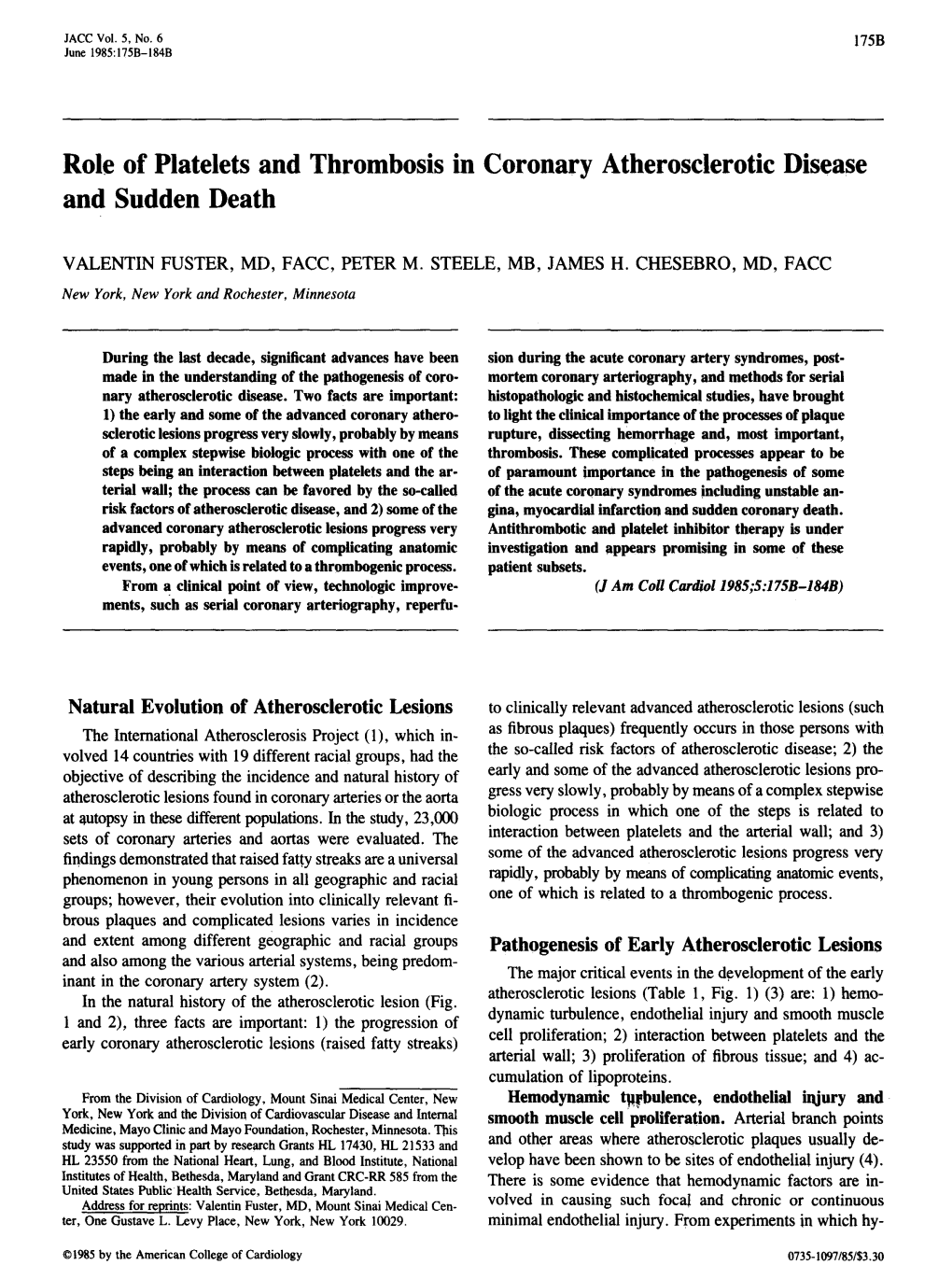 Role of Platelets and Thrombosis in Coronary Atherosclerotic Disease and Sudden Death