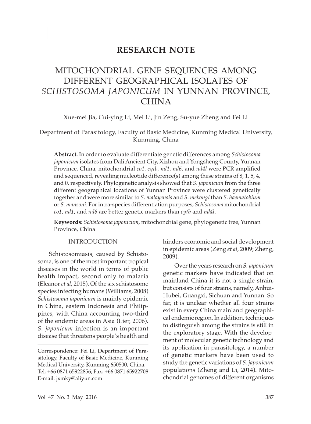 Mitochondrial Gene Sequences Among Different Geographical Isolates of Schistosoma Japonicum in Yunnan Province, China