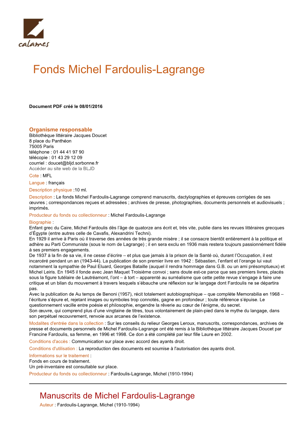 Inventaire Du Fonds Michel Fardoulis-Lagrange