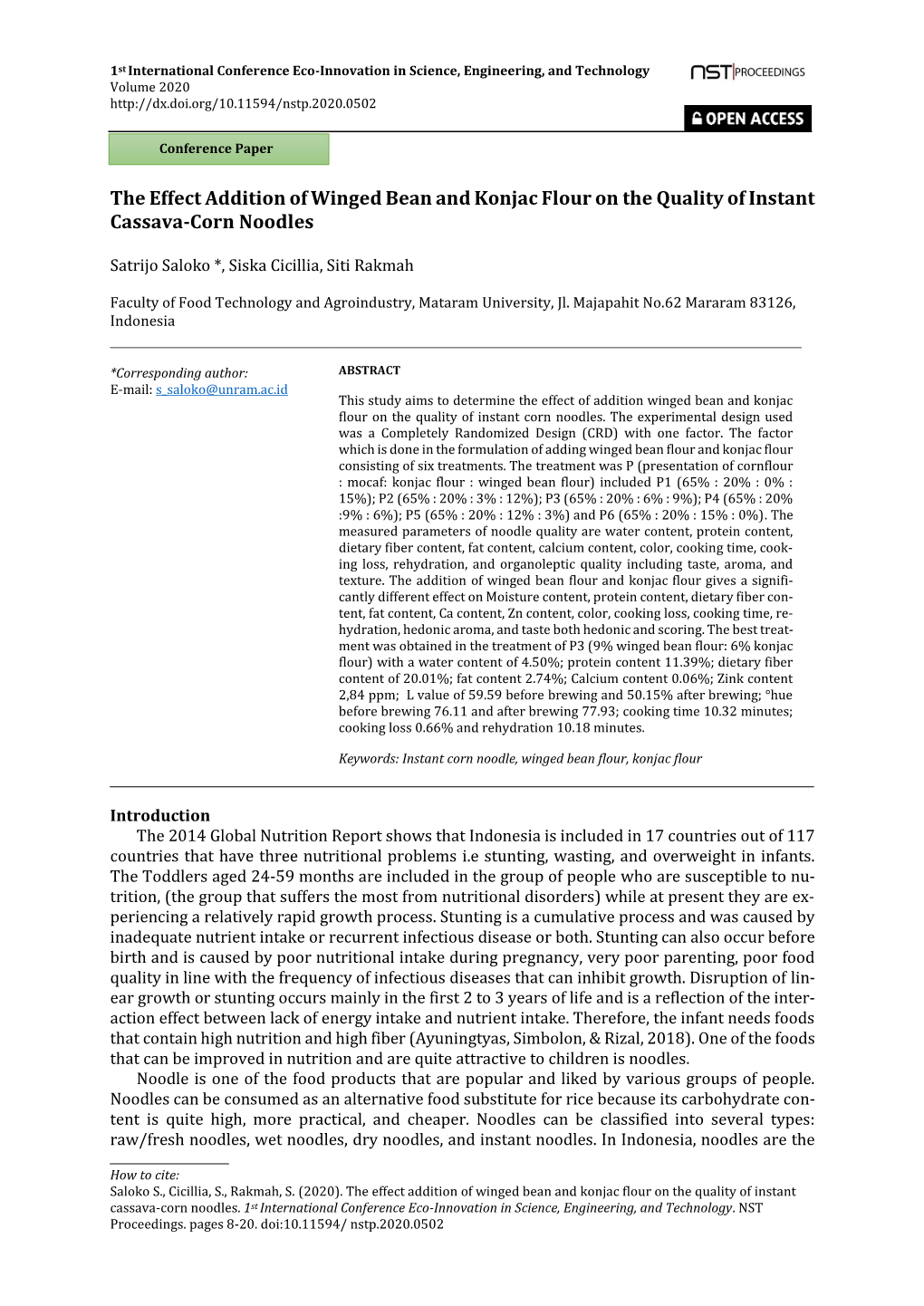 The Effect Addition of Winged Bean and Konjac Flour on the Quality of Instant Cassava-Corn Noodles