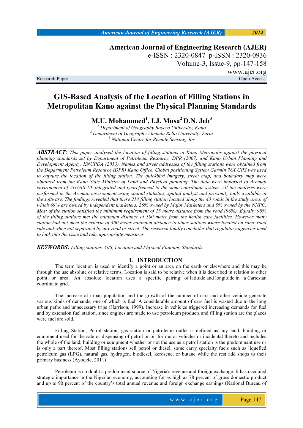 GIS-Based Analysis of the Location of Filling Stations in Metropolitan Kano Against the Physical Planning Standards M.U