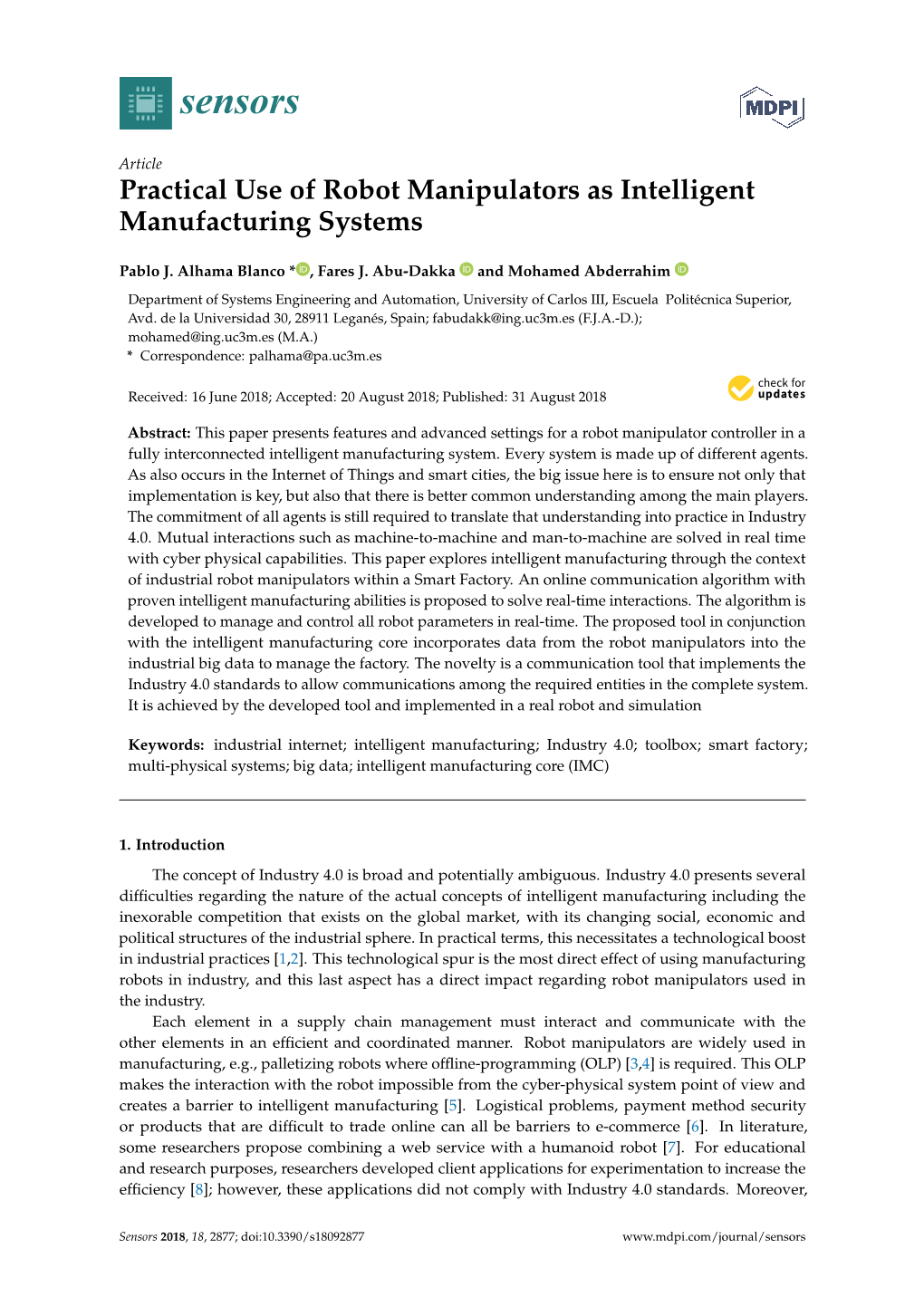 Practical Use of Robot Manipulators As Intelligent Manufacturing Systems