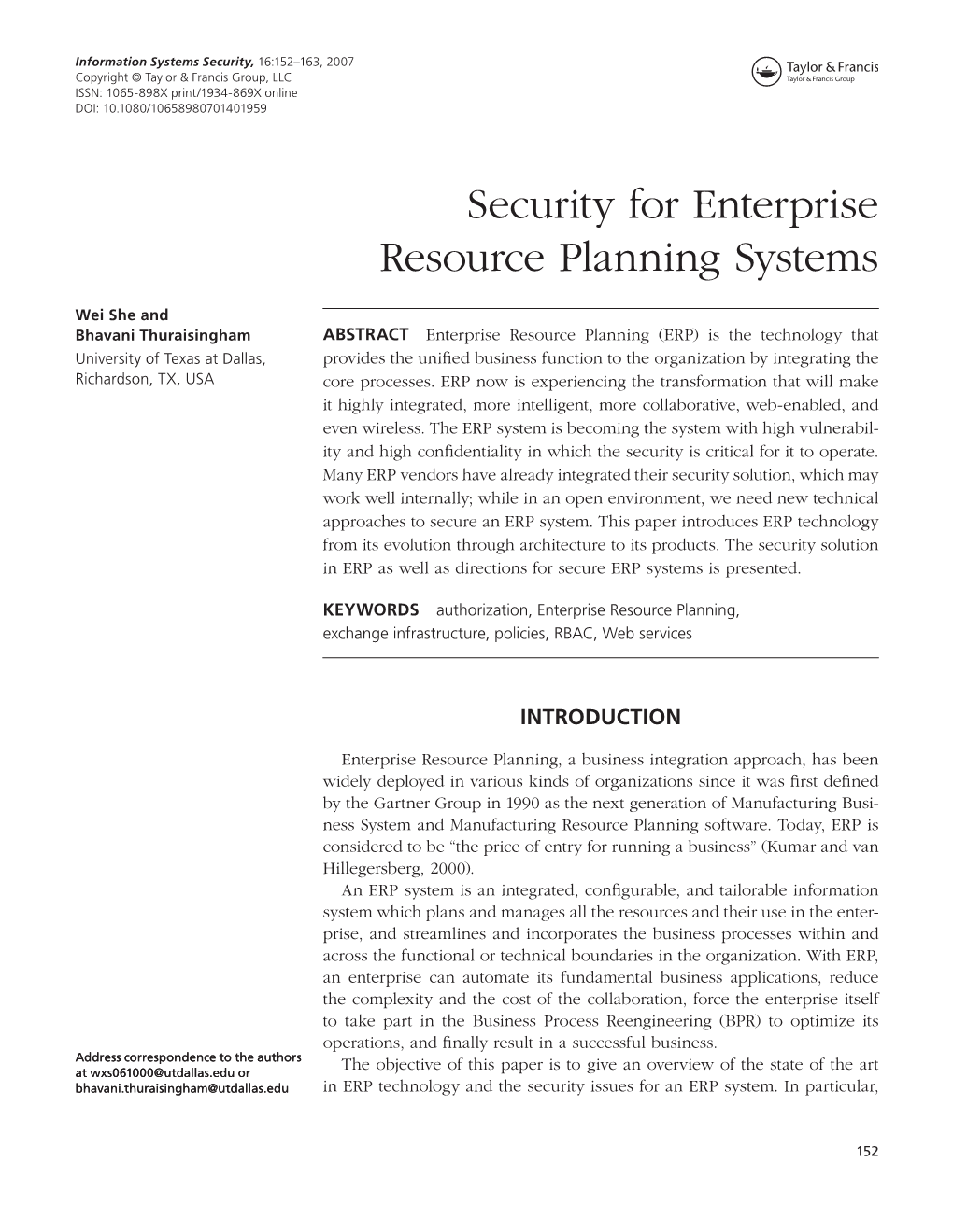 Security for Enterprise Resource Planning Systems