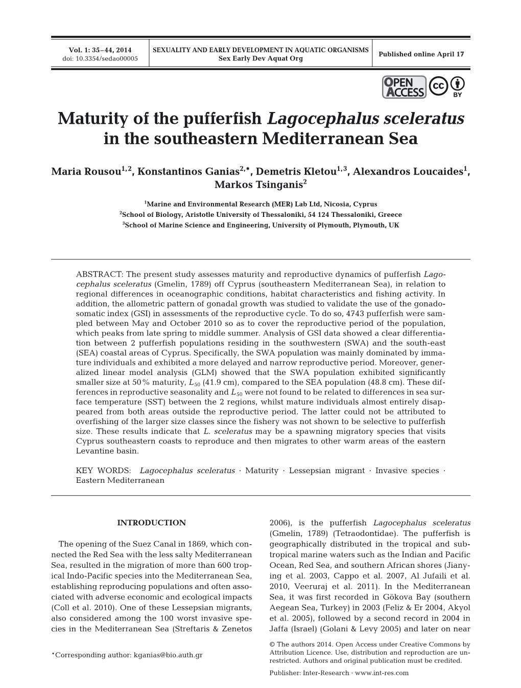 Maturity of the Pufferfish Lagocephalus Sceleratus in the Southeastern Mediterranean Sea