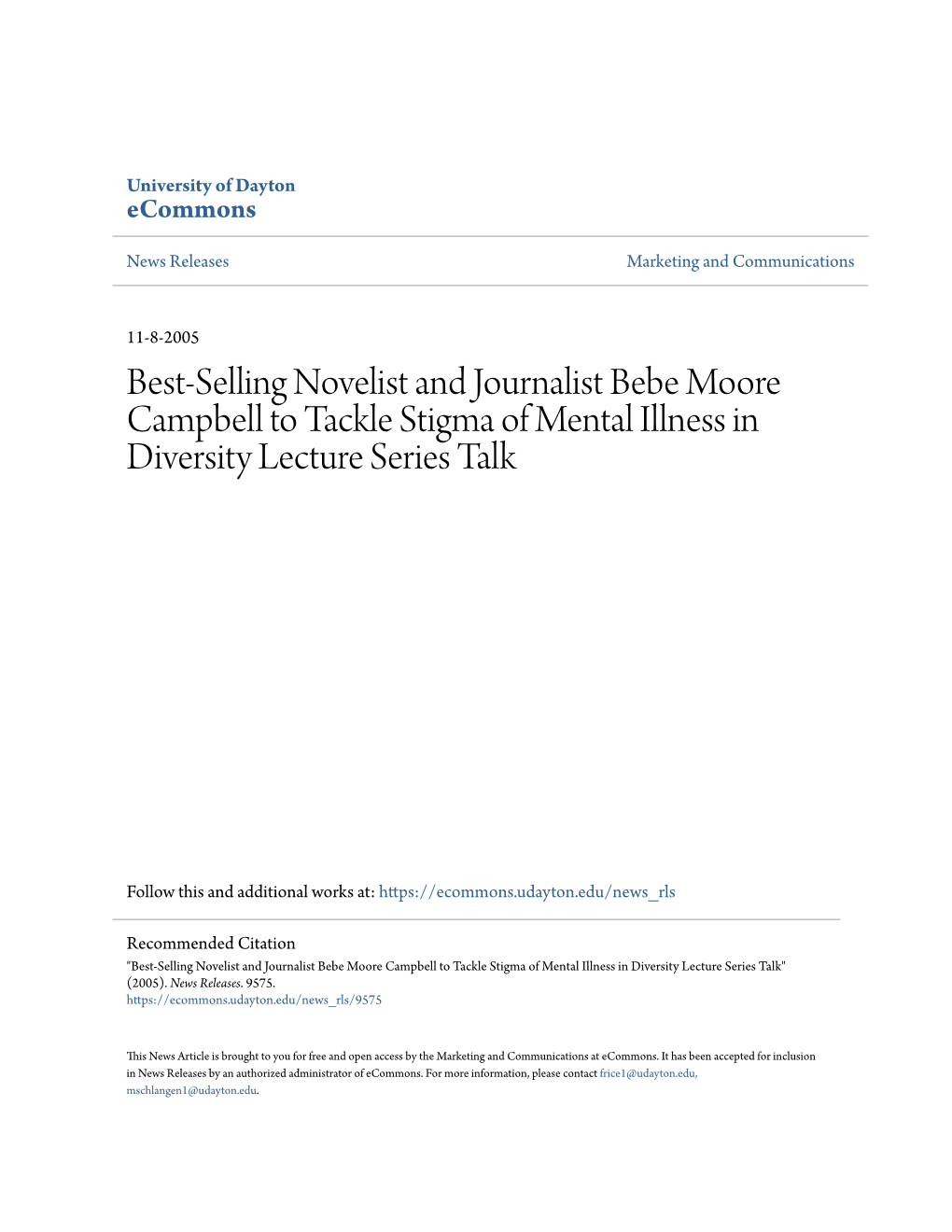 Best-Selling Novelist and Journalist Bebe Moore Campbell to Tackle Stigma of Mental Illness in Diversity Lecture Series Talk