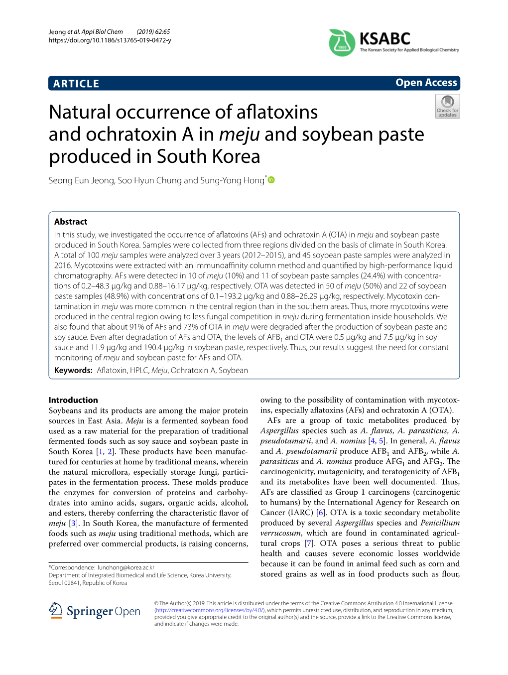 Natural Occurrence of Aflatoxins and Ochratoxin a in Meju and Soybean Paste Produced in South Korea
