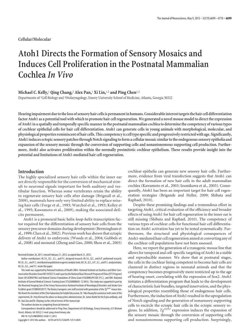 Atoh1 Directs the Formation of Sensory Mosaics and Induces Cell Proliferation in the Postnatal Mammalian Cochlea in Vivo