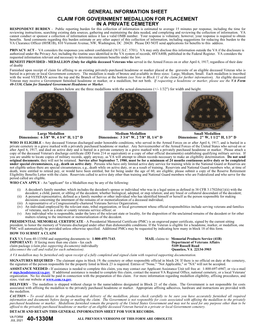 VA Form 40-1330M, Claim for Government Medallion