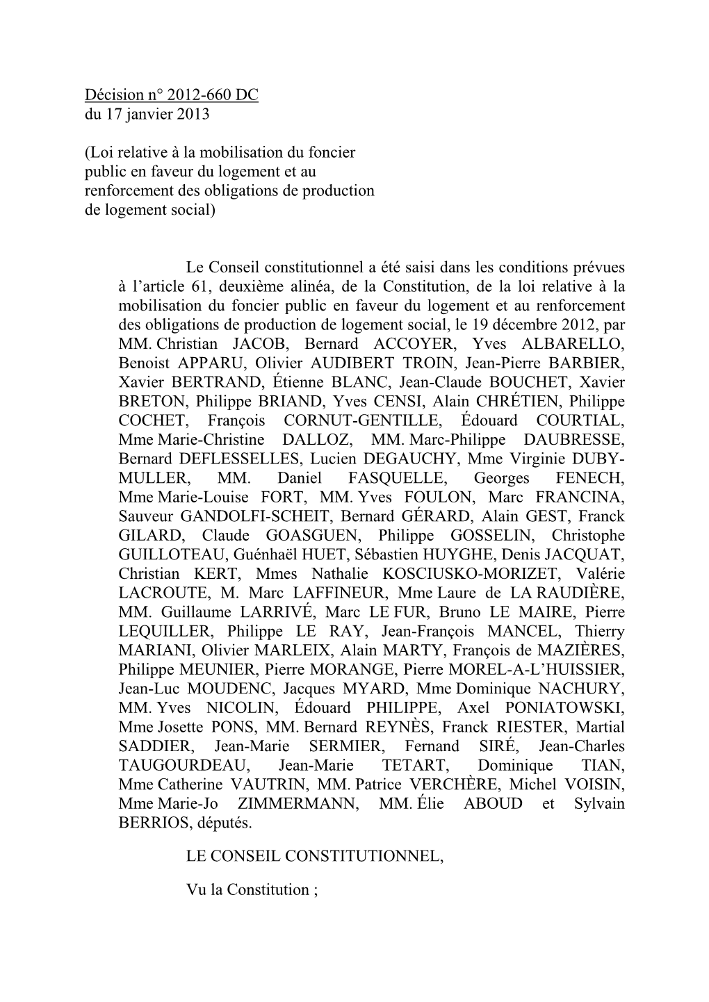 Décision N° 2012-660 DC Du 17 Janvier 2013