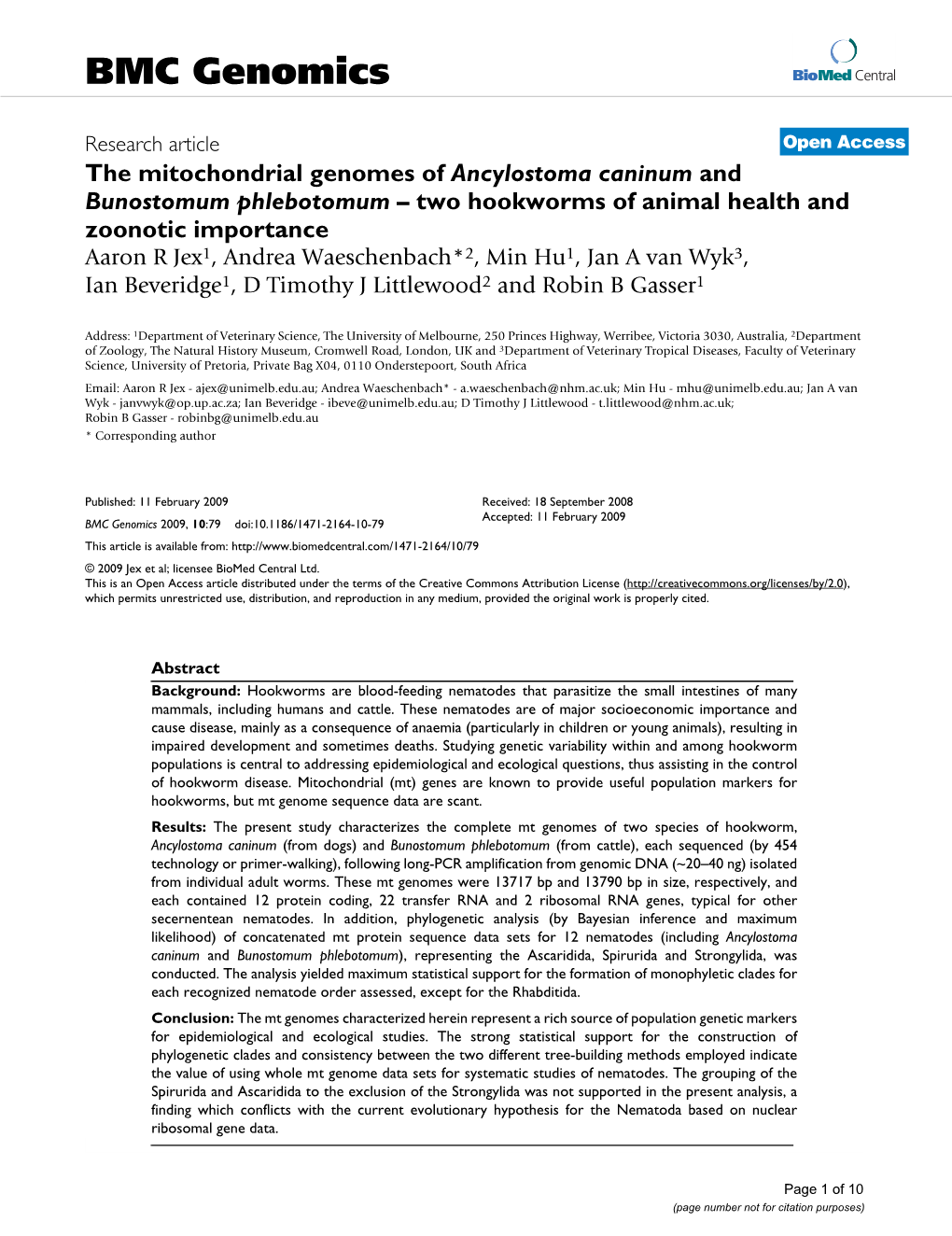 The Mitochondrial Genomes of Ancylostoma Caninum And