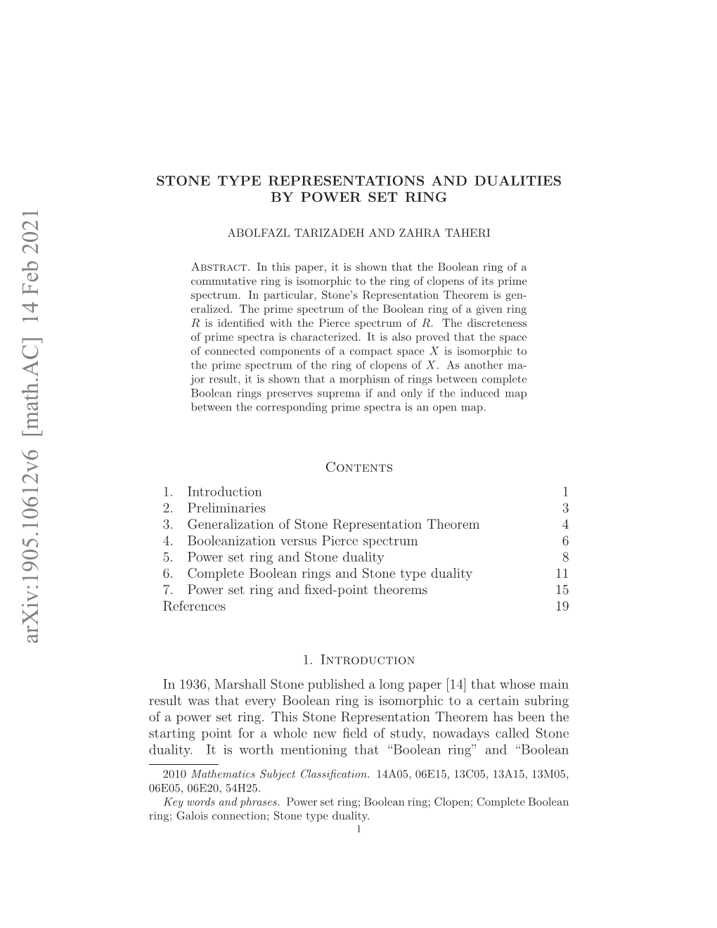 Stone Type Representations and Dualities by Power Set Ring