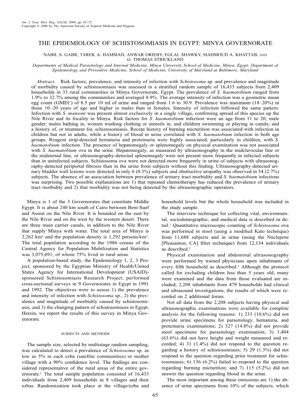 The Epidemiology of Schistosomiasis in Egypt: Minya Governorate