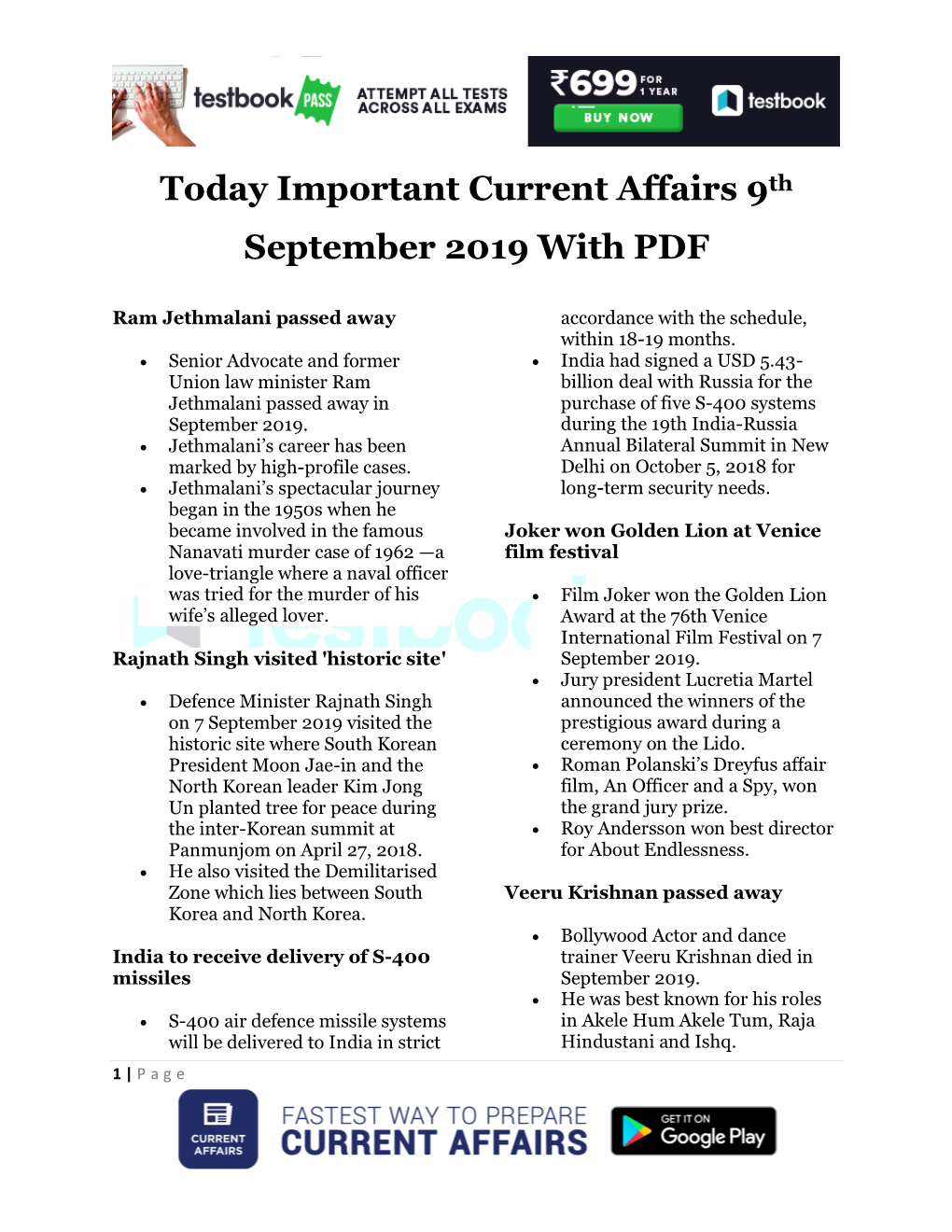 Today Important Current Affairs 9Th September 2019 with PDF