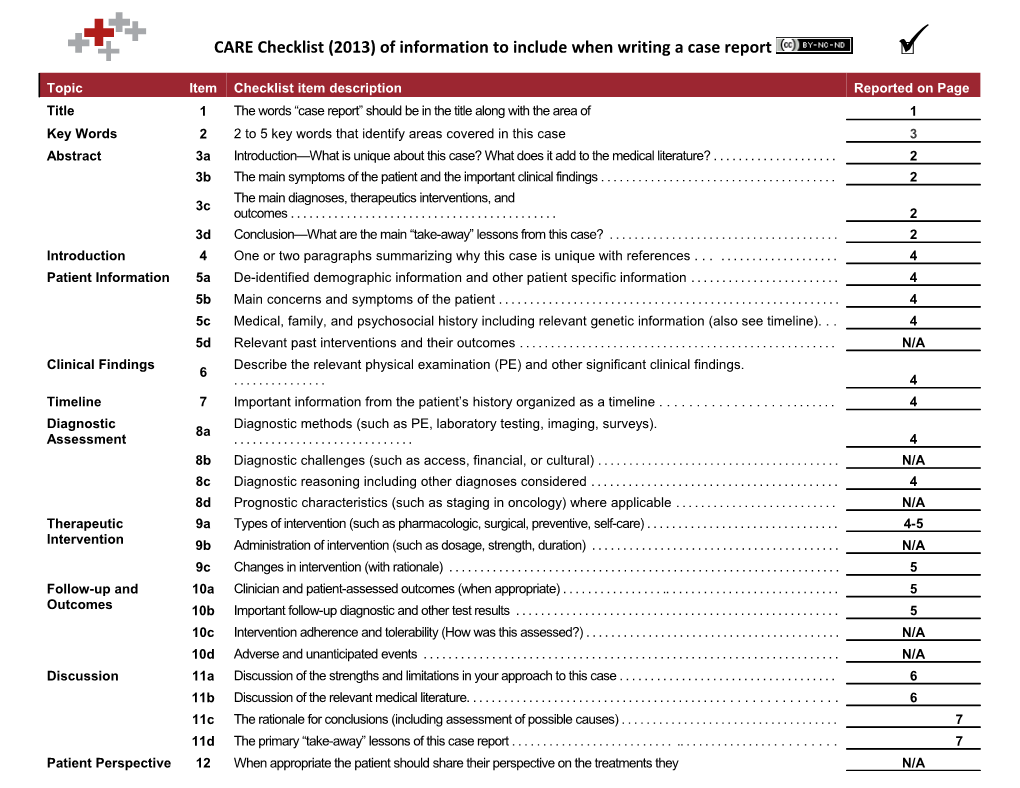 CARE Checklist (2013) of Information to Include When Writing a Case Report