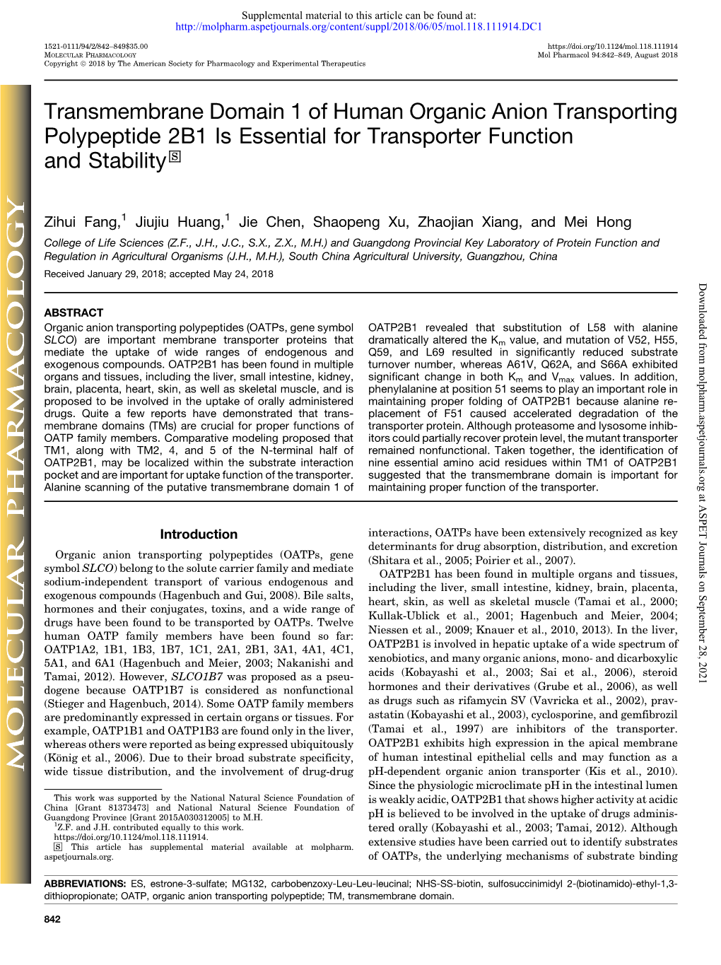 Transmembrane Domain 1 of Human Organic Anion Transporting Polypeptide 2B1 Is Essential for Transporter Function and Stability S