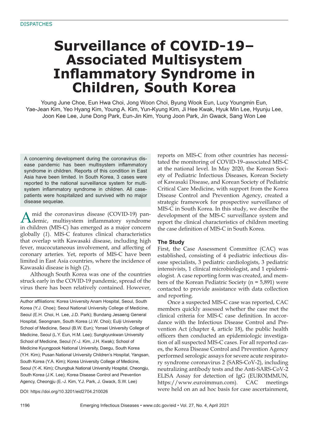 Surveillance of COVID-19– Associated Multisystem Inflammatory Syndrome in Children, South Korea