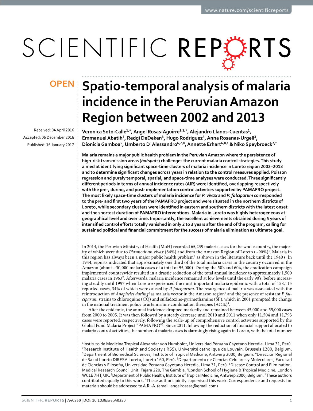 Spatio-Temporal Analysis of Malaria Incidence in the Peruvian Amazon Region Between 2002 and 2013