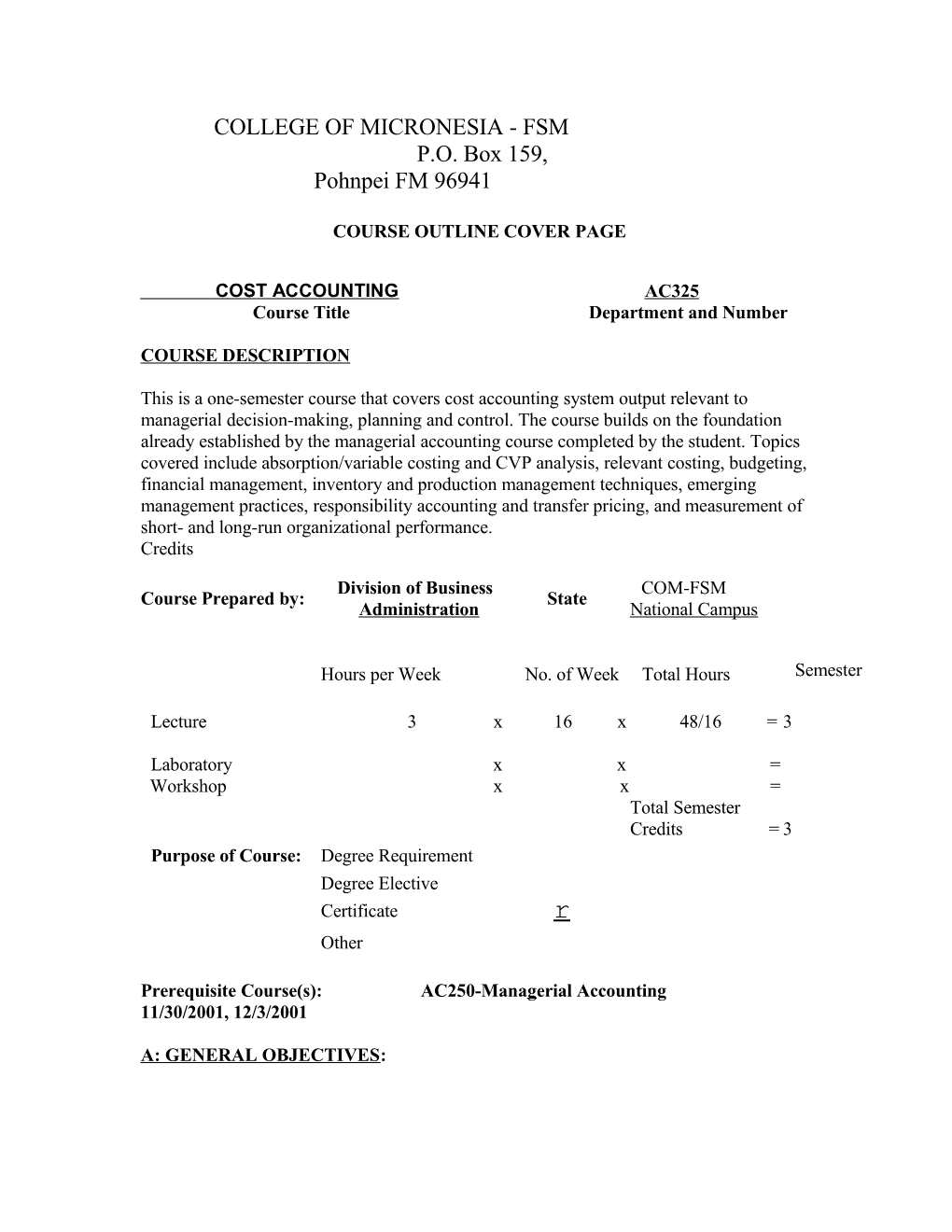 Course Outline Cover Page