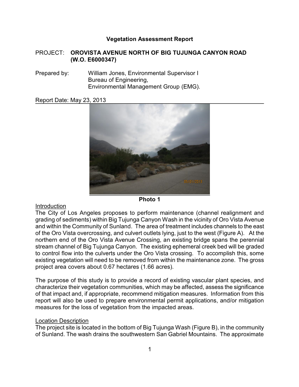 Vegetation Assessment Report for Oro Vista Avenue North of Big Tujunga