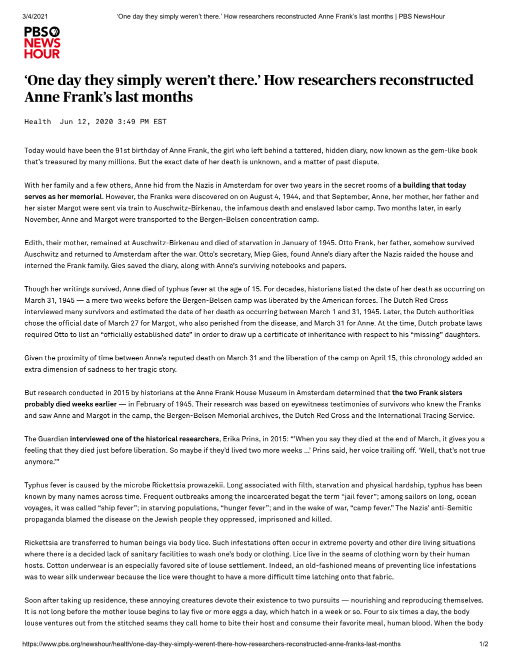 ' How Researchers Reconstructed Anne Frank's Last Months