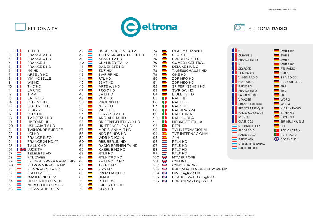 Liste Chaines Eltrona Télévision & Pay Tv