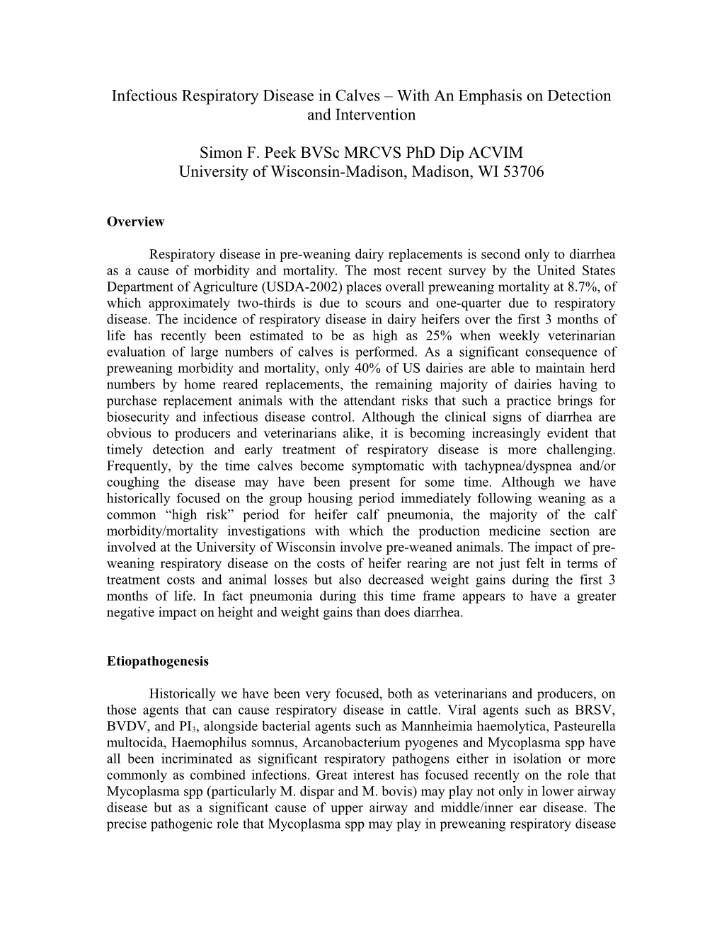 Infectious Diseases in Calves with an Emphasis on Respiratory Disease Detection and Intervention