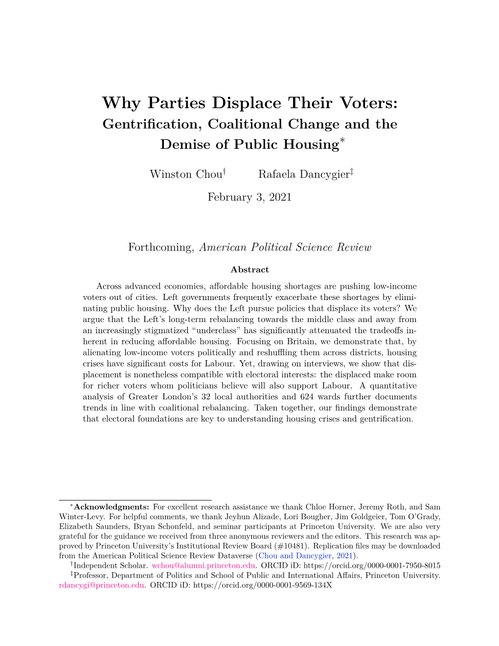 Why Parties Displace Their Voters: Gentriﬁcation, Coalitional Change and the Demise of Public Housing∗