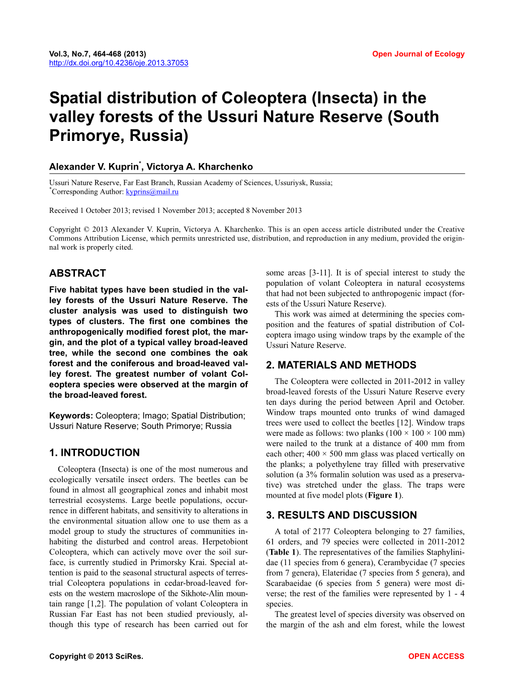 Spatial Distribution of Coleoptera (Insecta) in the Valley Forests of the Ussuri Nature Reserve (South Primorye, Russia)