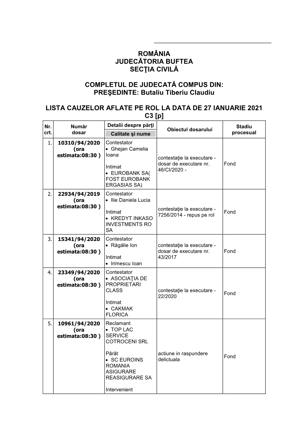 România Judecătoria Buftea Secţia Civilă