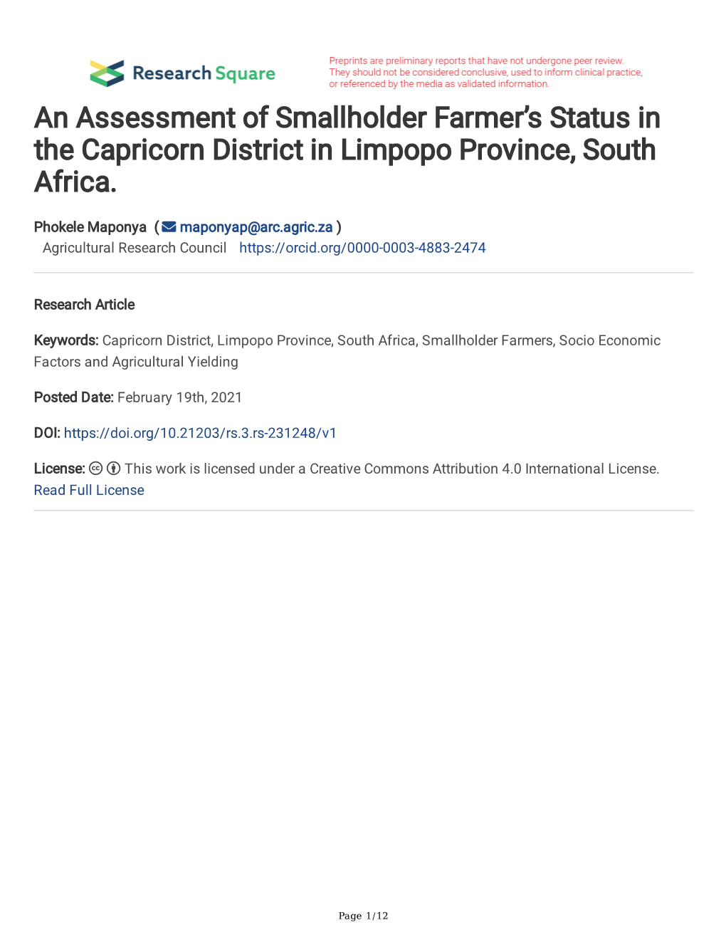 An Assessment of Smallholder Farmer's Status in the Capricorn District in Limpopo Province, South Africa