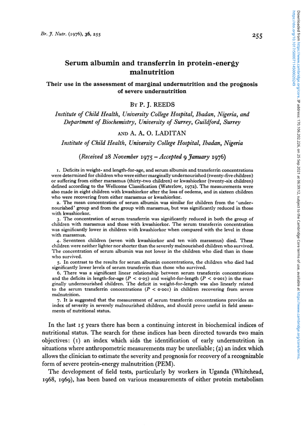 Serum Albumin and Transferrin in Protein-Energy Malnutrition Their Use in the Assessment of Marginal Undernutrition and the Prognosis of Severe Undernutrition