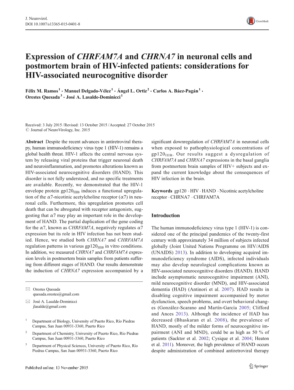 Expression of CHRFAM7A and CHRNA7 in Neuronal Cells and Postmortem Brain of HIV-Infected Patients: Considerations for HIV-Associated Neurocognitive Disorder