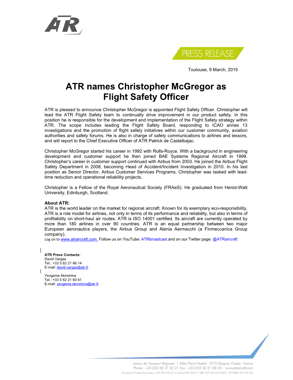 ATR Names Christopher Mcgregor As Flight Safety Officer