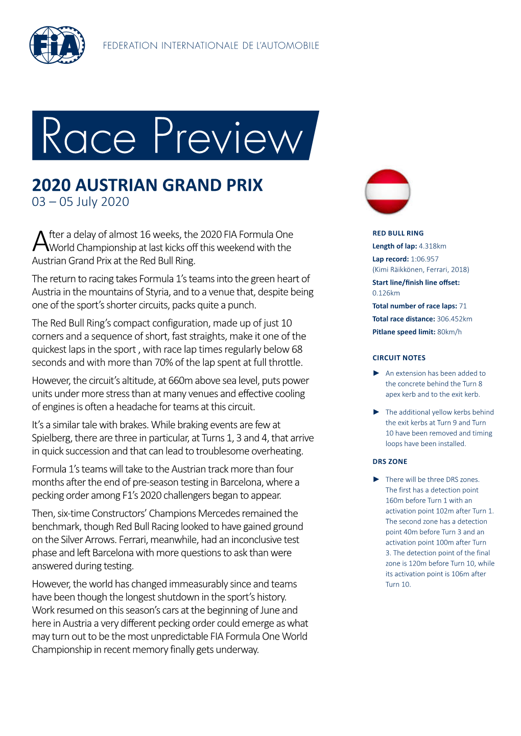 2020 AUSTRIAN GRAND PRIX 03 – 05 July 2020