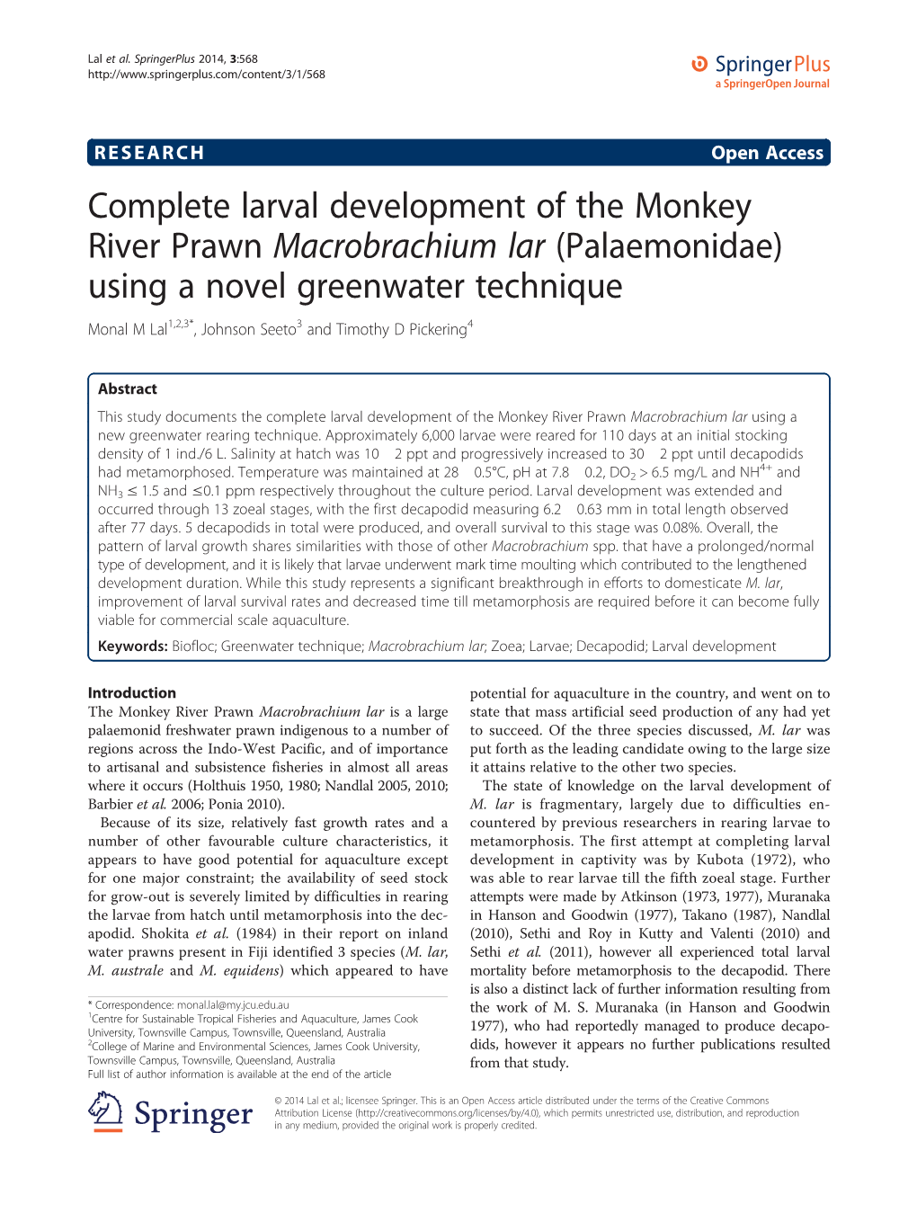 Complete Larval Development of the Monkey River Prawn