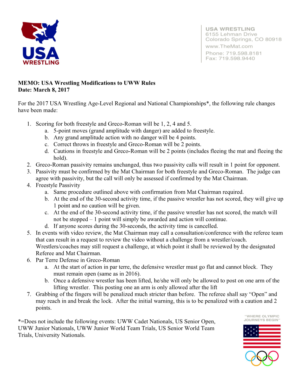 MEMO: USA Wrestling Modifications to UWW Rules