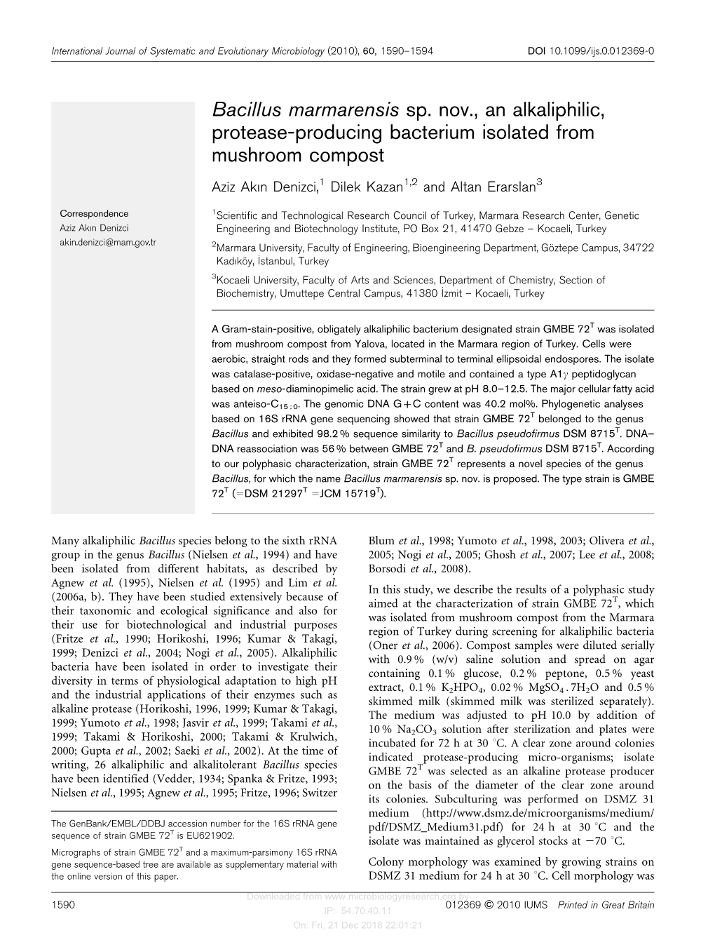 Bacillus Marmarensis Sp. Nov., an Alkaliphilic, Protease-Producing Bacterium Isolated from Mushroom Compost