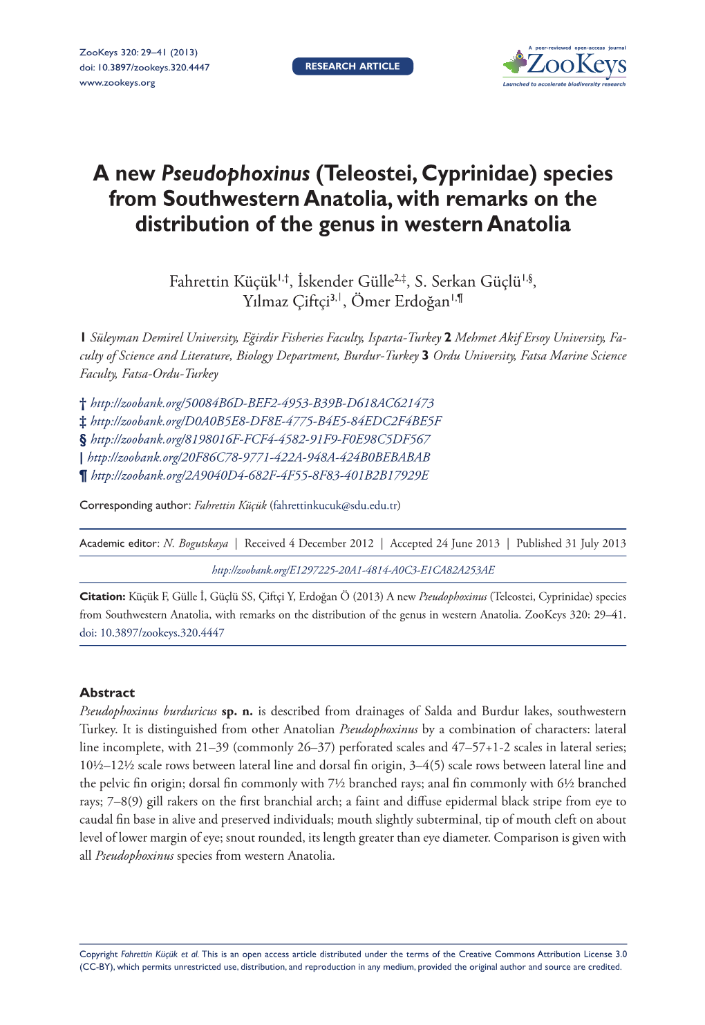 A New Pseudophoxinus (Teleostei, Cyprinidae) Species from Southwestern Anatolia, with Remarks on the Distribution of the Genus in Western Anatolia