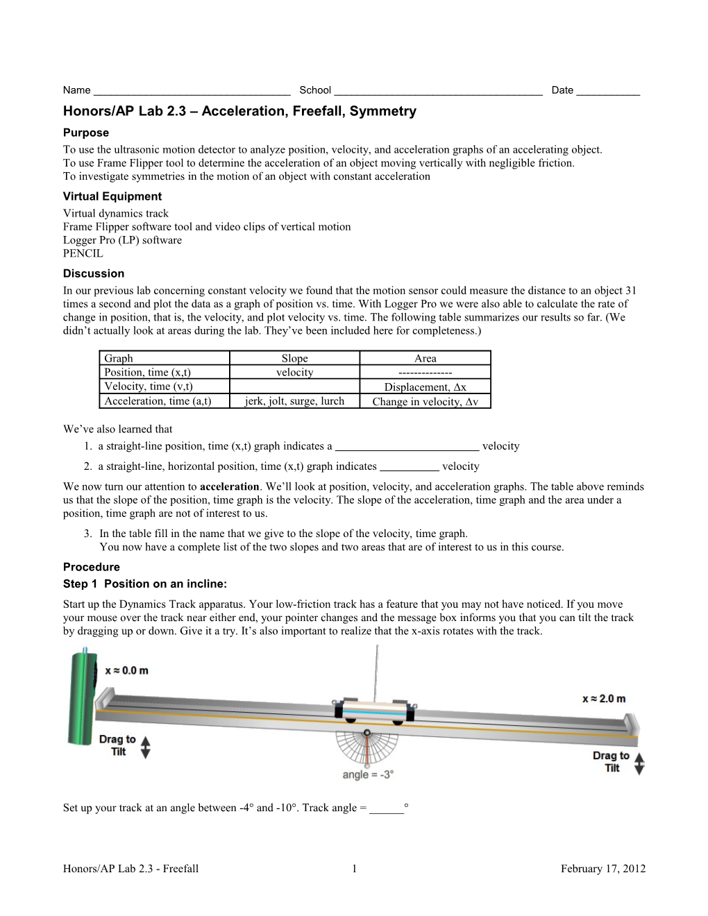 Honors/AP Lab 2.3 Acceleration, Freefall, Symmetry