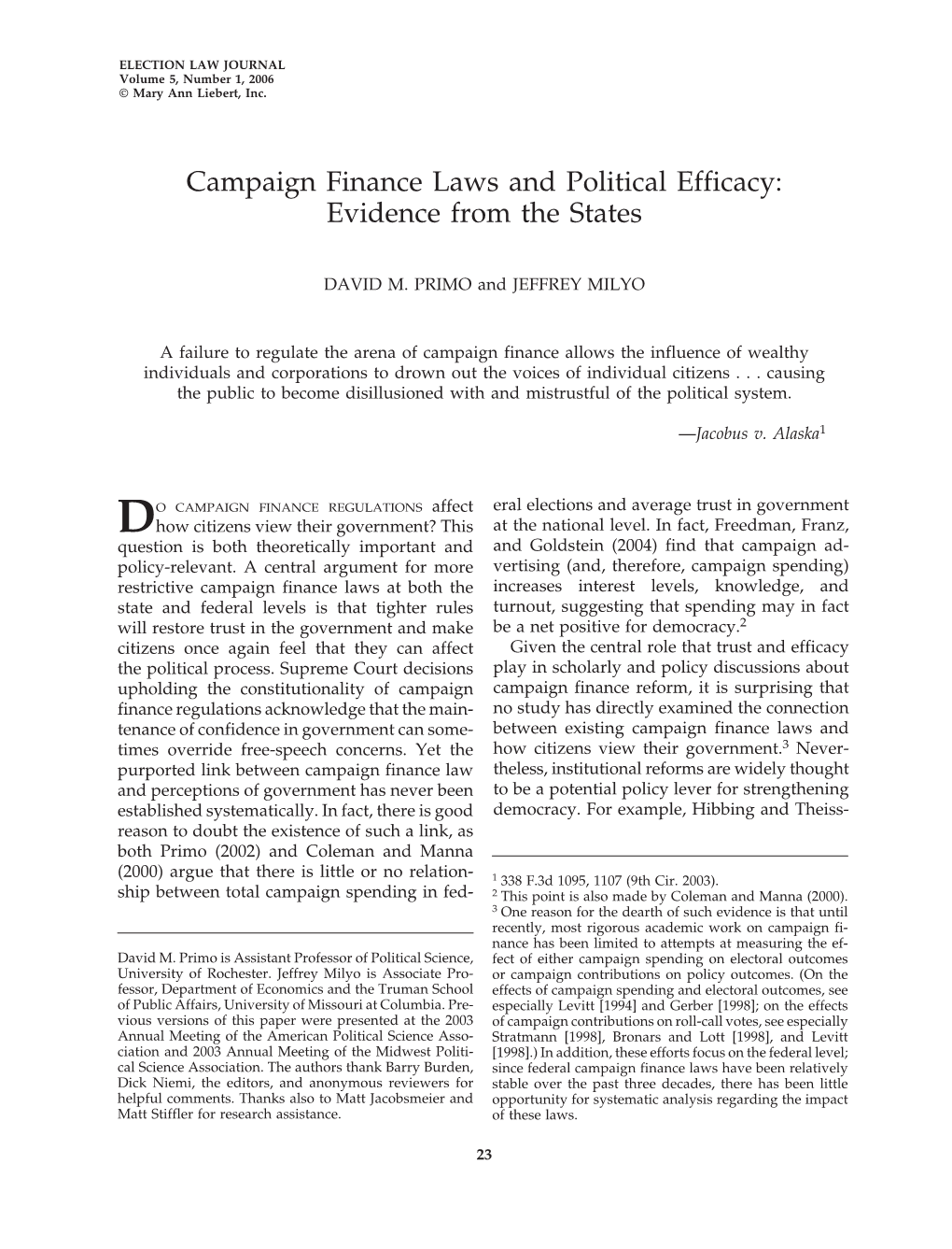 Campaign Finance Laws and Political Efficacy: Evidence from the States