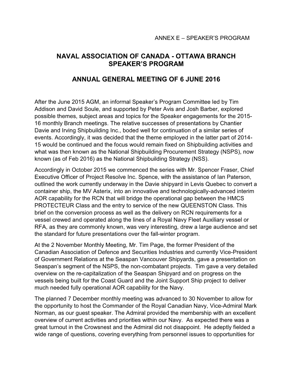 Ottawa Branch Speaker's Program Annual General Meeting of 6 June