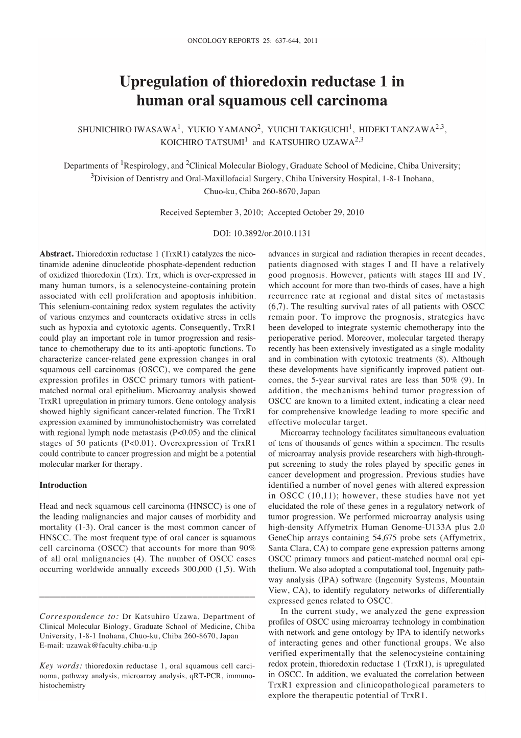 Upregulation of Thioredoxin Reductase 1 in Human Oral Squamous Cell Carcinoma