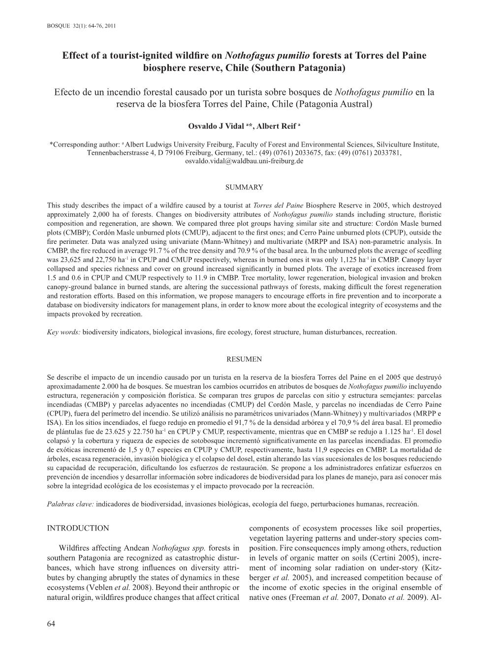 Effect of a Tourist-Ignited Wildfire on Nothofagus Pumilio Forests at Torres Del Paine Biosphere Reserve, Chile (Southern Patagonia)