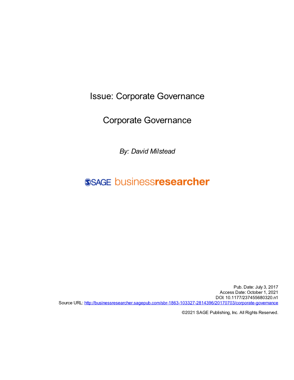 Issue: Corporate Governance Corporate Governance